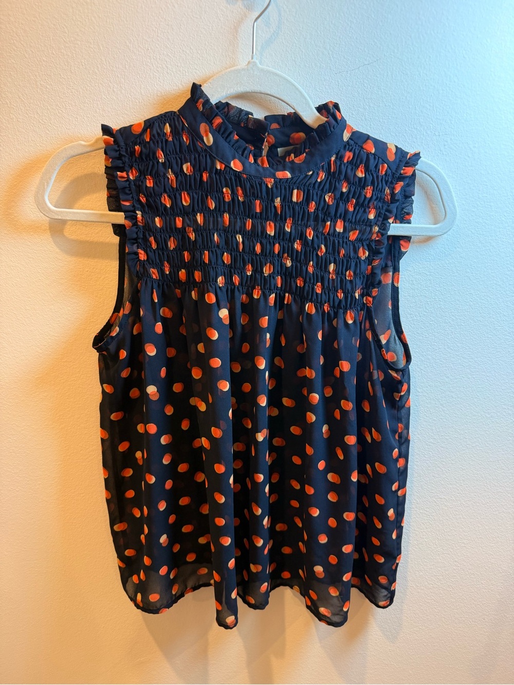 Maeve by Anthropologie Navy Smocked Polka Dot Sleeveless Blouse Size 2
